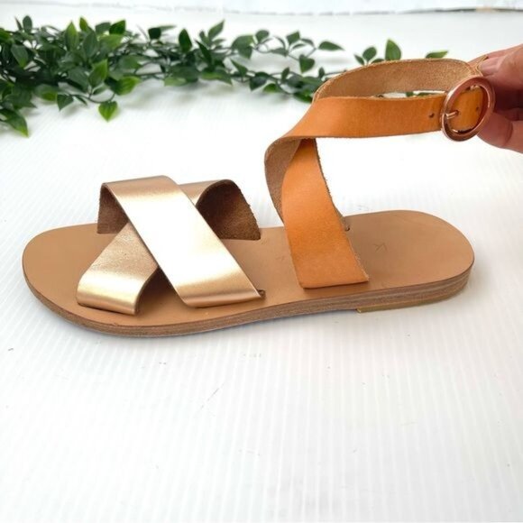 KYMA PATMOS CROSS ANKLE STRAP FLAT SANDAL GOLD/TAN LEATHER 7 - Picture 5 of 11